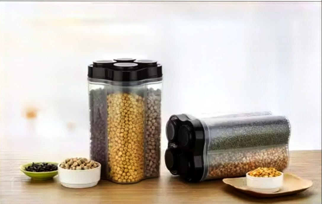 Airtight 4-Section Dry Fruit & Masala Container – 360° Rotating Lid